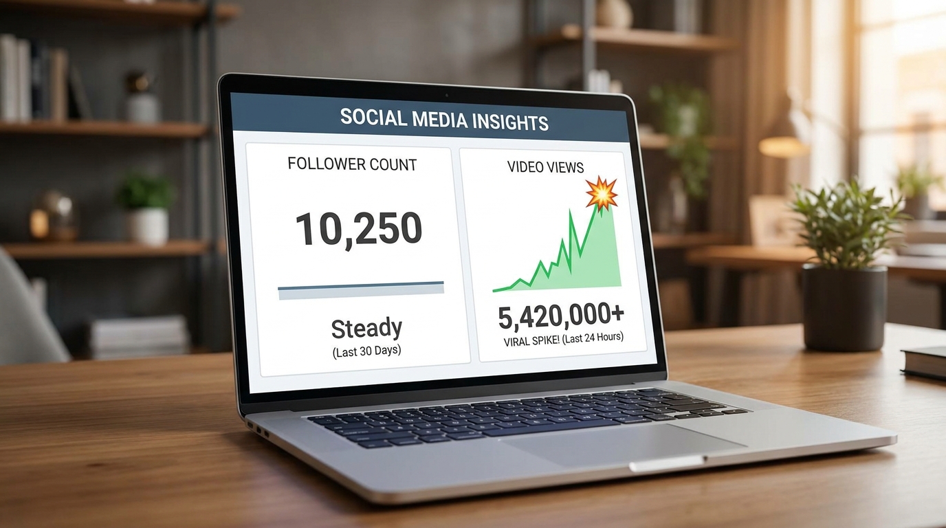 Social media insights dashboard showing 10,250 followers steady against 5.4 million video views in 24 hours — illustrating why follower count vs average reel views is the wrong metric for brands