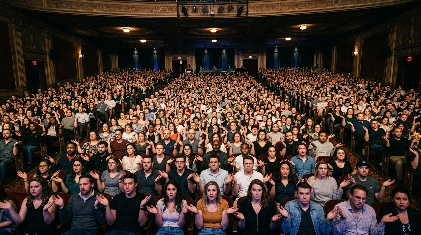 Large theater audience with hands raised in uncertainty, illustrating why a crowd can't tell a creator which direction to go