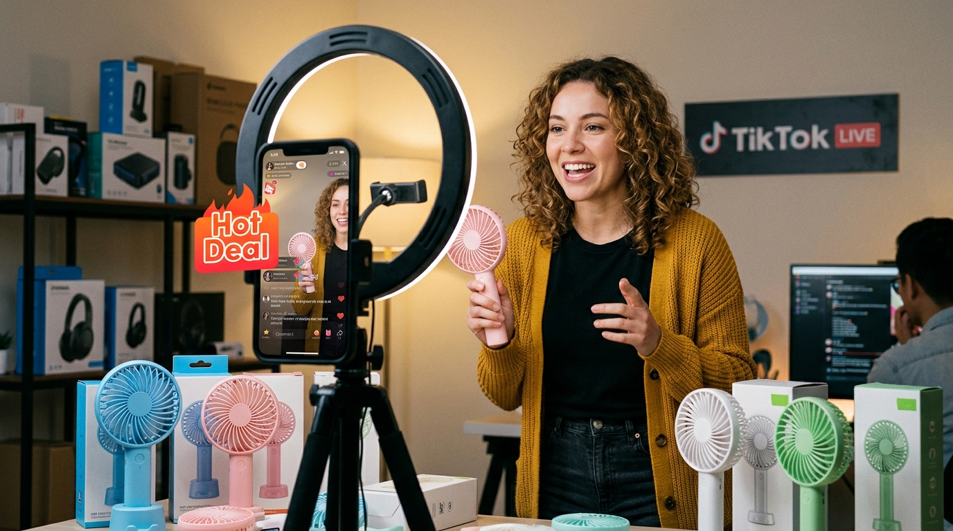 A creator live-streams selling handheld fans to an online audience, with a ring light, phone, and product displayed on the table