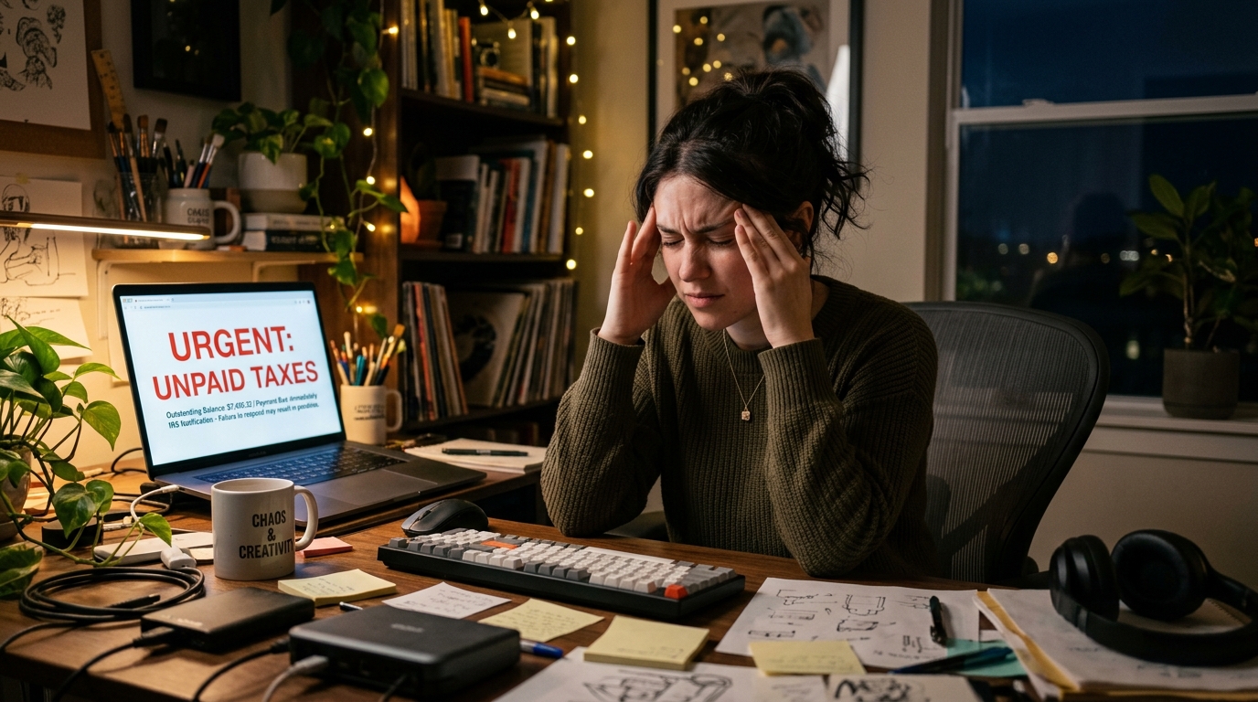 Female content creator sitting at a cluttered desk with hands pressed to her temples in stress, laptop screen displaying an urgent unpaid taxes notice