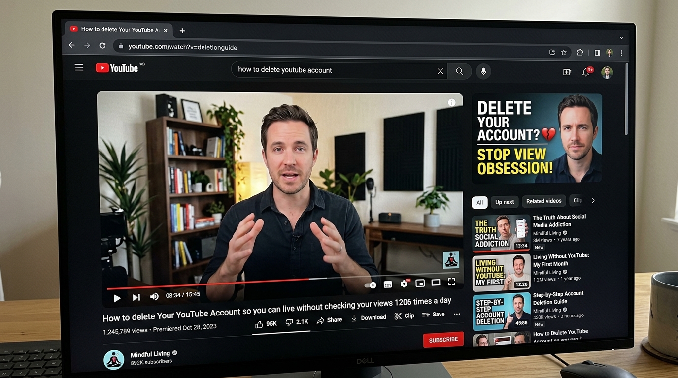 A monitor shows a video about deleting a video account and breaking the habit of checking view counts