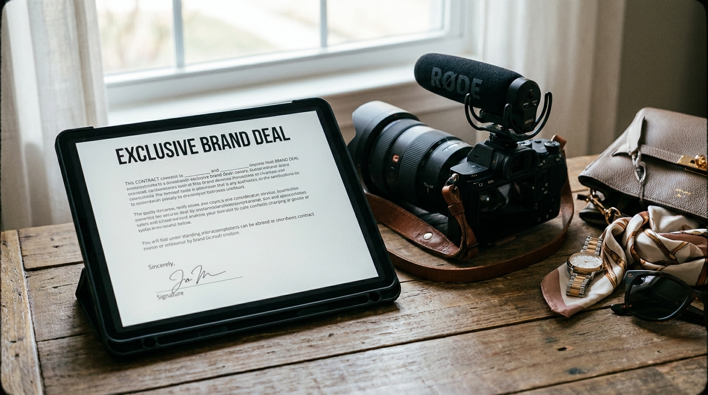 Tablet displaying an exclusive brand deal contract beside a RØDE-equipped camera, watch, and leather bag on a wooden desk