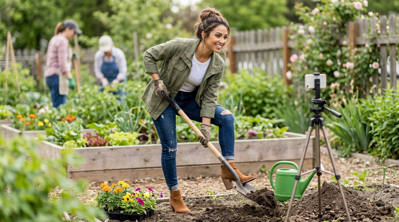 A creator films herself digging in a garden on a tripod-mounted phone, an image for the don't bury the lead principle in content
