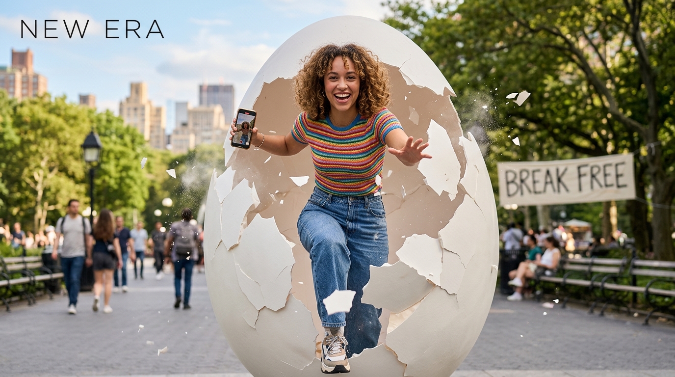 A smiling creator holding a phone steps out of a large cracked eggshell in a city park, symbolizing breaking out of her shell