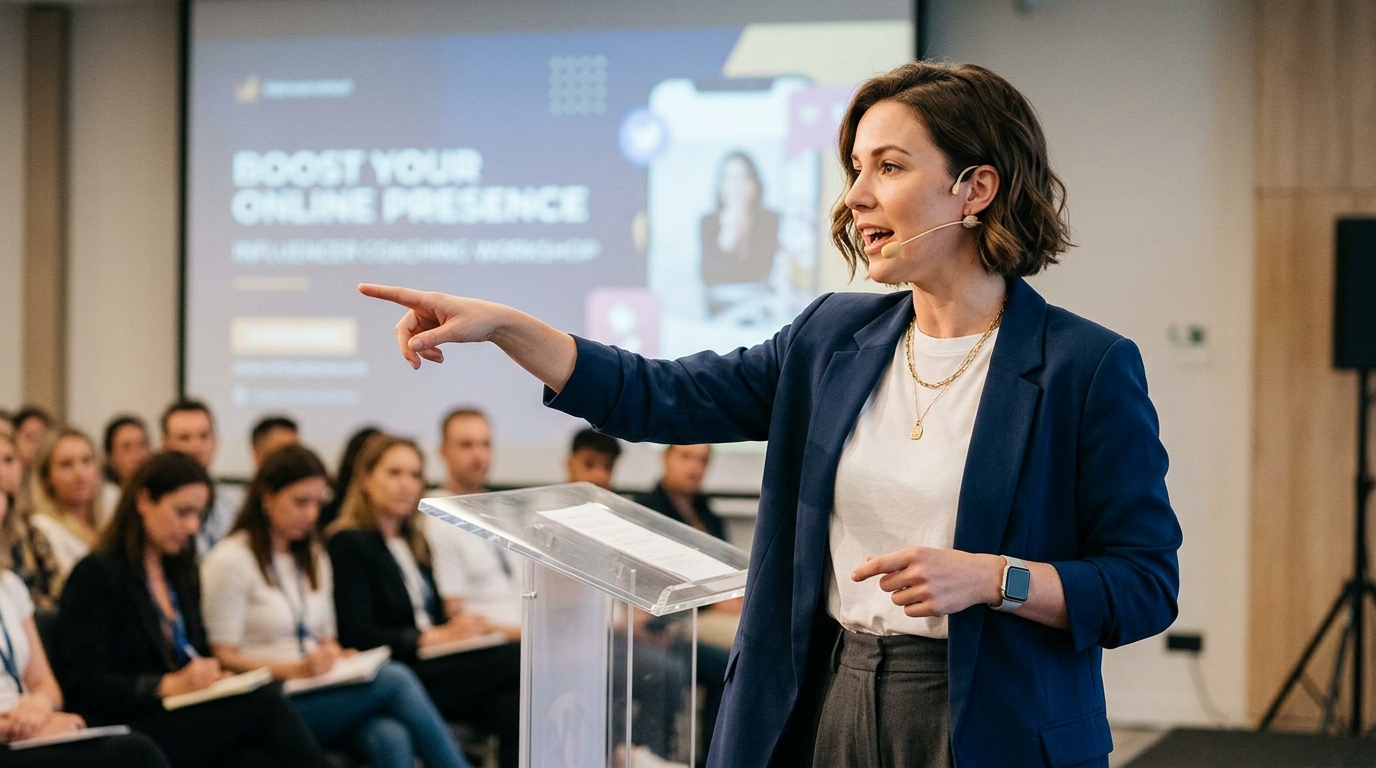 Influencer coach presenting at a workshop podium to a seated audience, illustrating executive-level strategic coaching