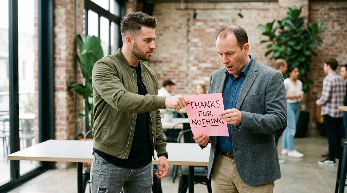 Creator handing a "thanks for nothing" note to a surprised agent, illustrating how easily a non-exclusive arrangement lets a creator leave an agency