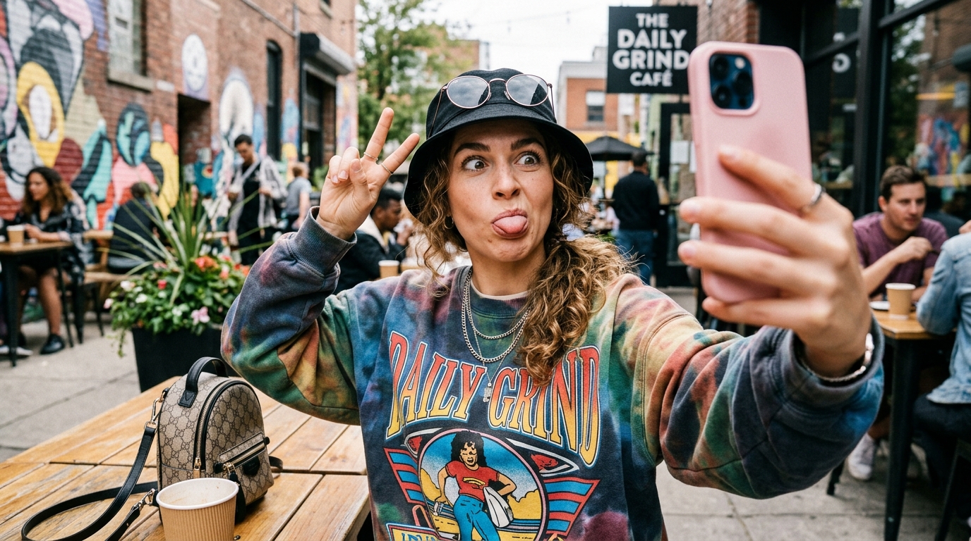 A creator pulls a playful tongue-out face and a peace sign while filming a selfie video on her phone at an outdoor café