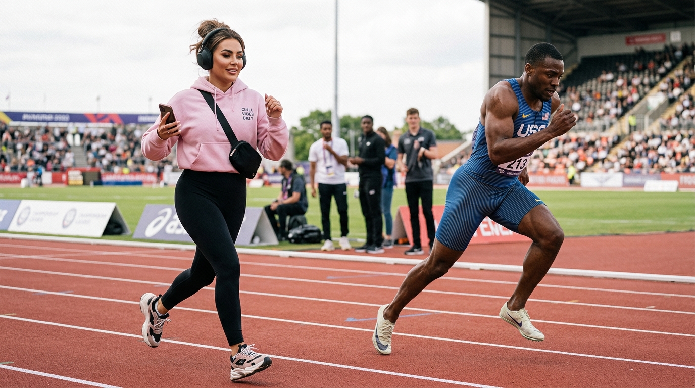 A casual creator with a phone jogs on a track while an elite sprinter races far ahead, illustrating the creator comparison trap