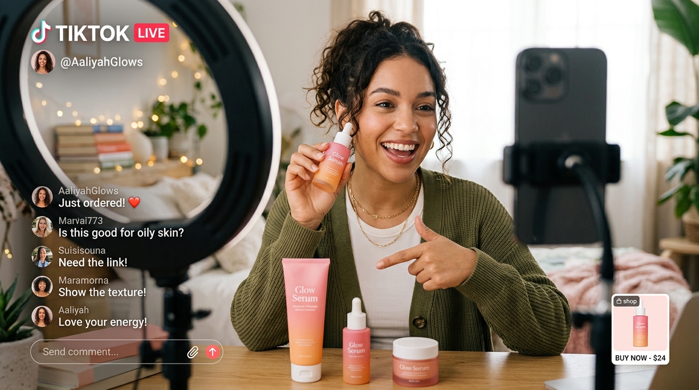 A creator demonstrates a skincare serum during a live shopping stream as viewer comments and a shop-now product tag appear on screen
