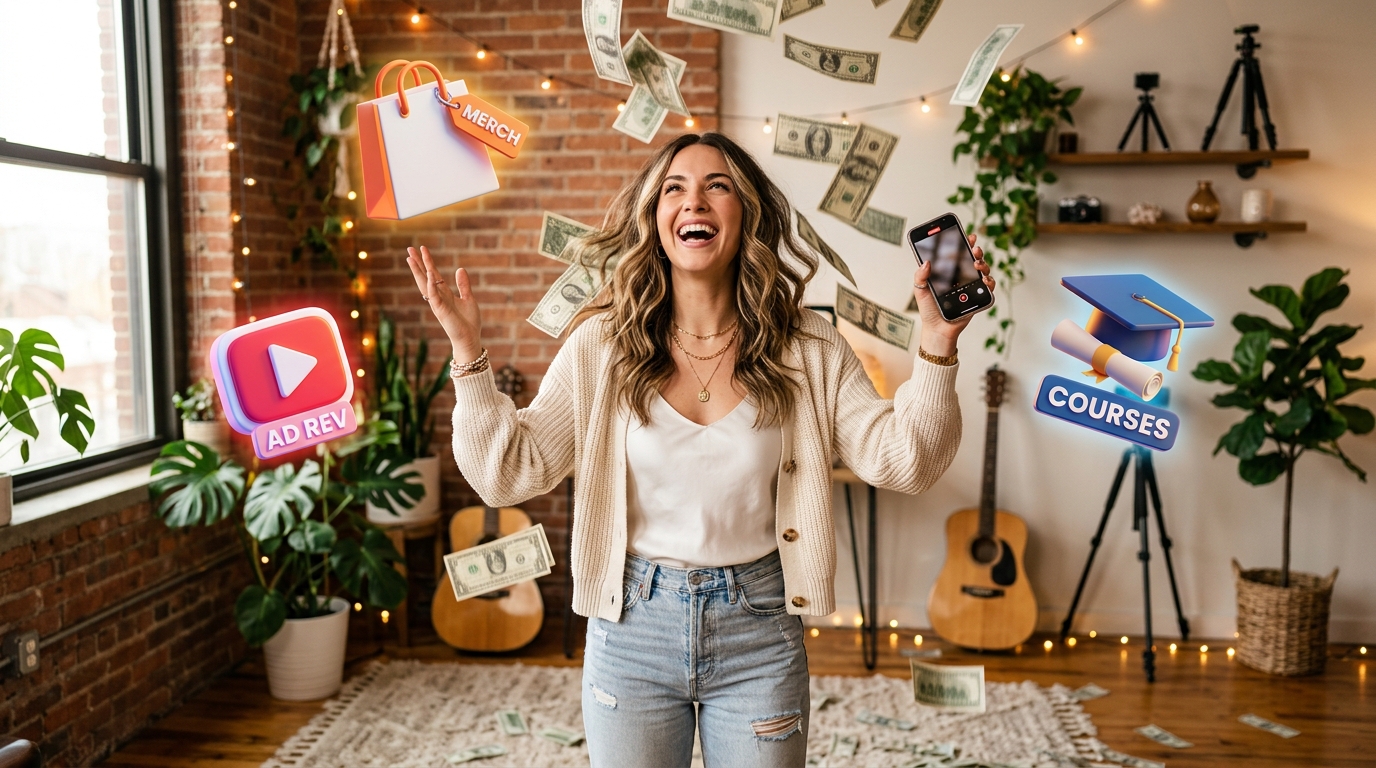 Female influencer laughing with arms raised surrounded by floating dollar bills and 3D icons representing multiple revenue streams including merch, ad revenue, and course