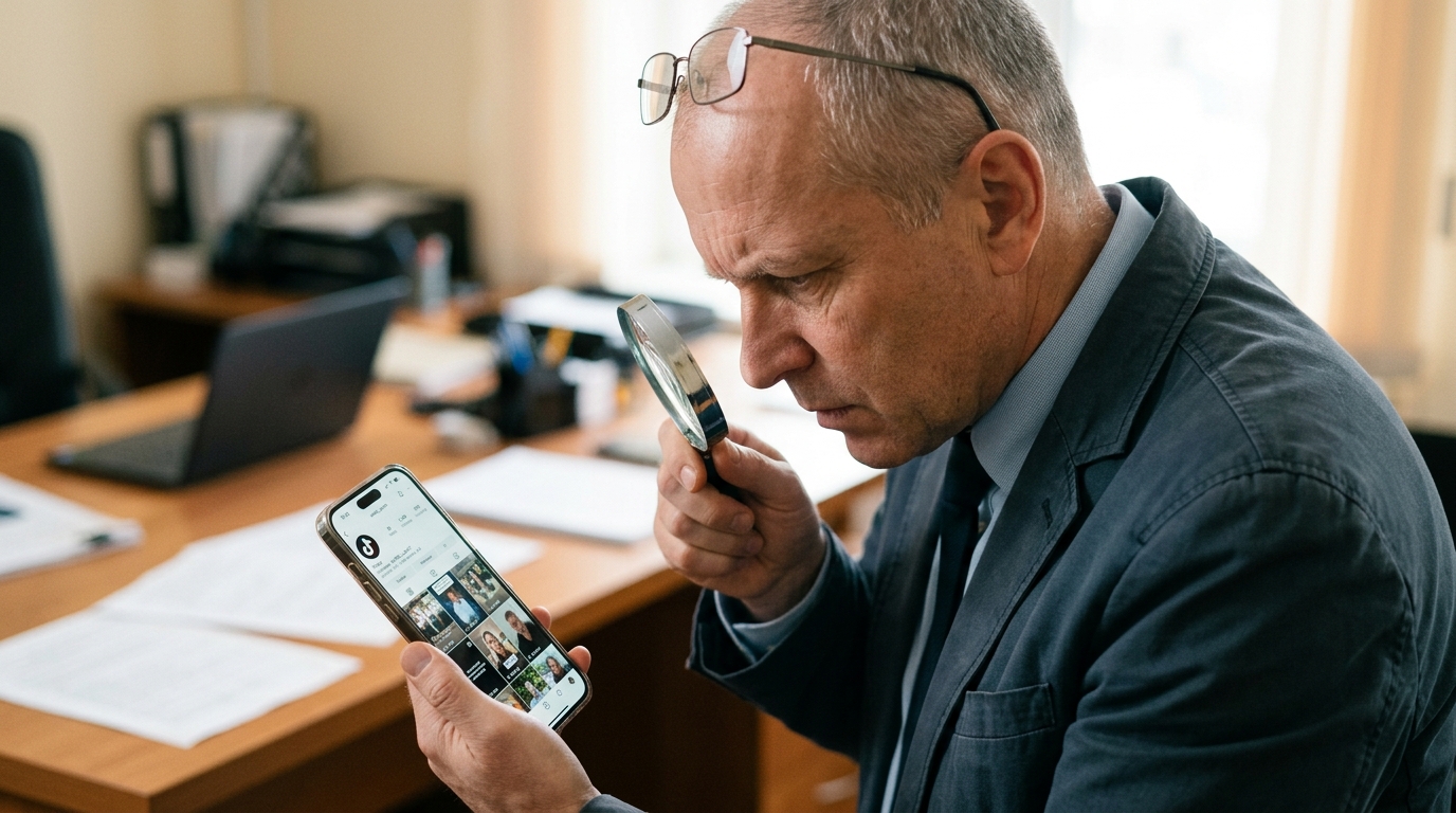 A man in a blazer examines a creator's phone profile through a magnifying glass, a metaphor for brands scrutinizing creator quality
