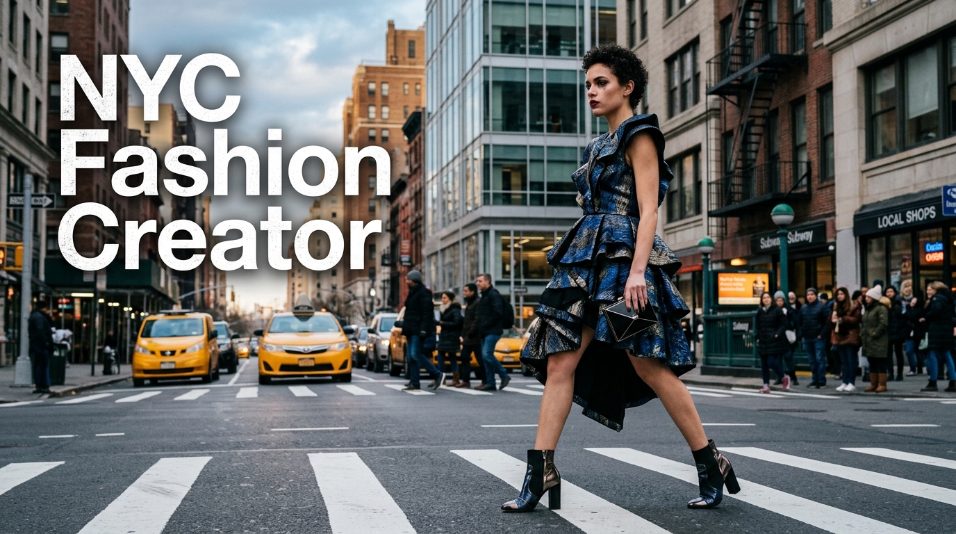 A fashion creator strides across a New York City crosswalk with the text NYC Fashion Creator, signaling a clear location and niche