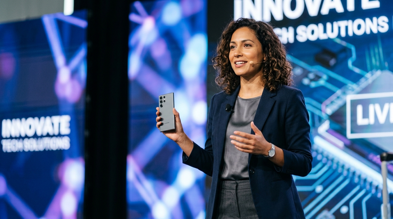 A professional technology influencer presenting a smartphone on a tech-conference keynote stage.