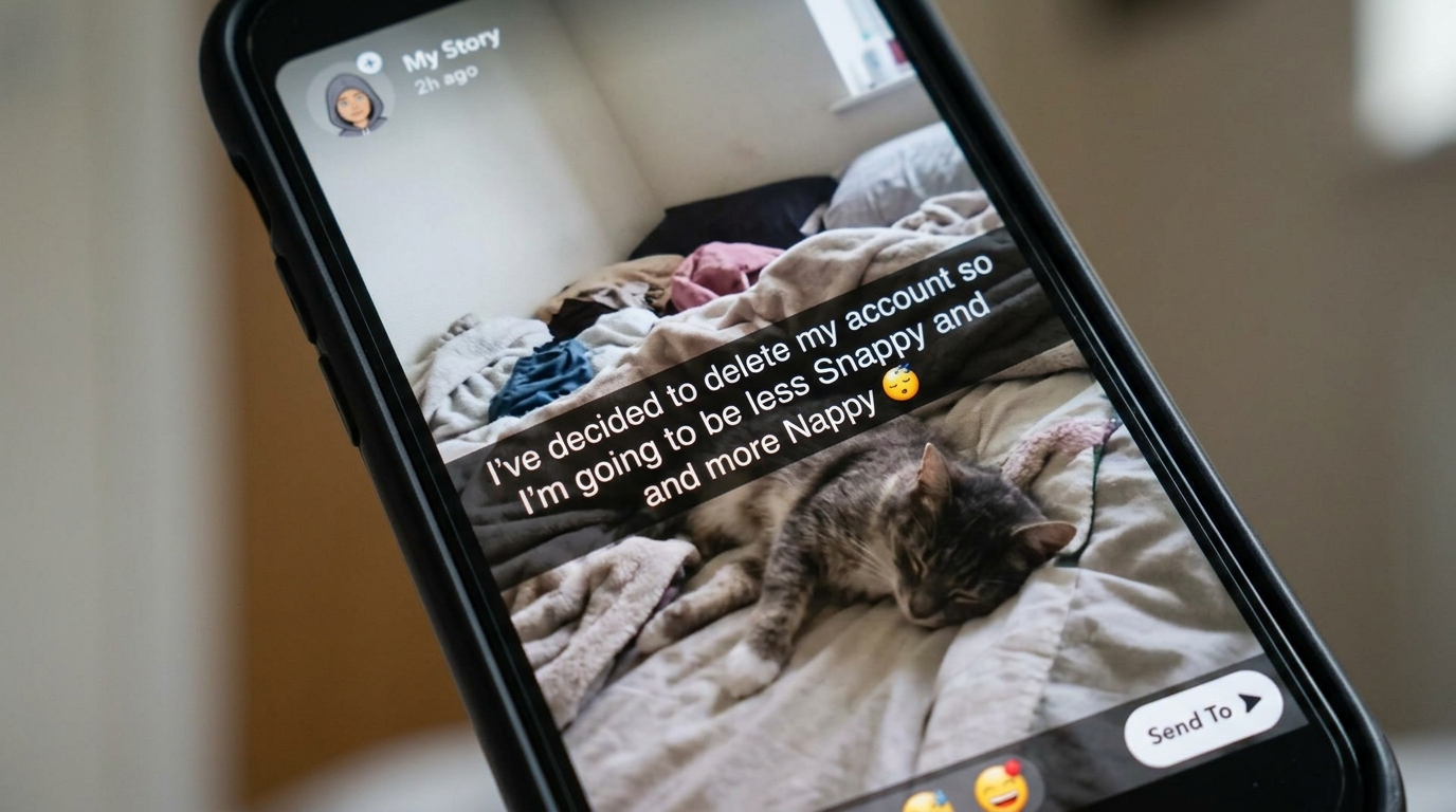 Snapchat post less A phone shows a story post over a sleeping cat, with text about deciding to delete the account and slow down
