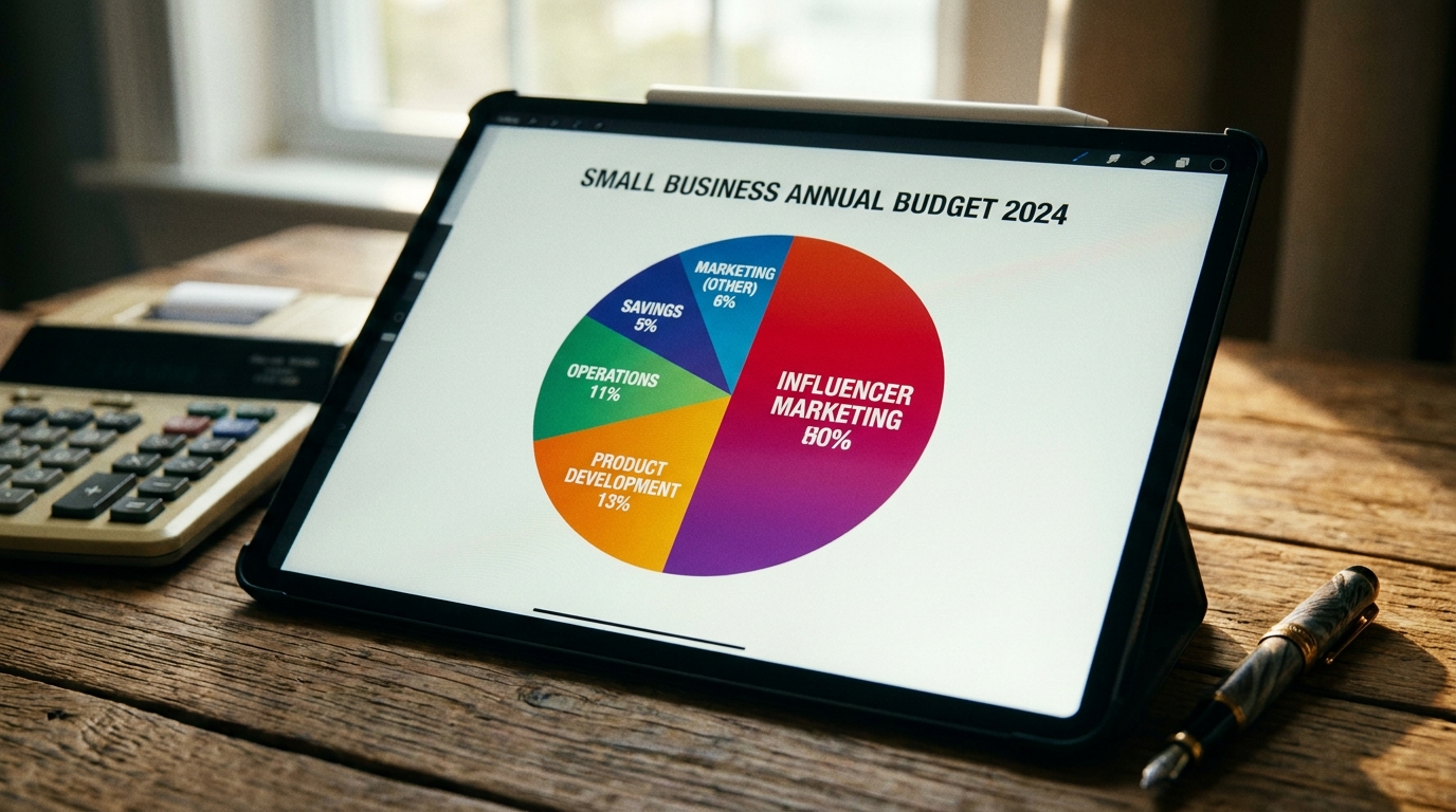 Tablet on a wooden desk displaying a Small Business Annual Budget 2024 pie chart with Influencer Marketing at 80%, beside a calculator and pen