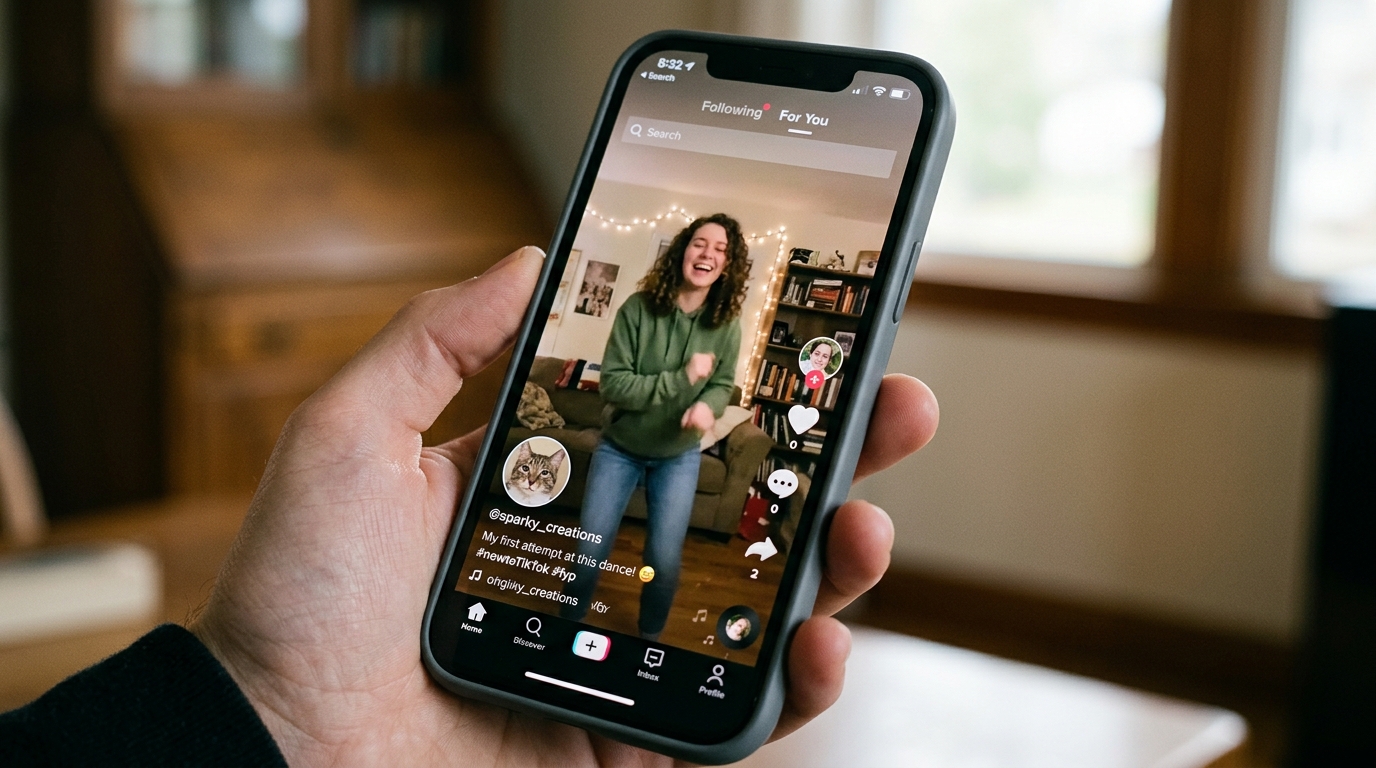A hand holds a phone showing a new creator's first dance video on a vertical short-form feed with almost no likes or comments