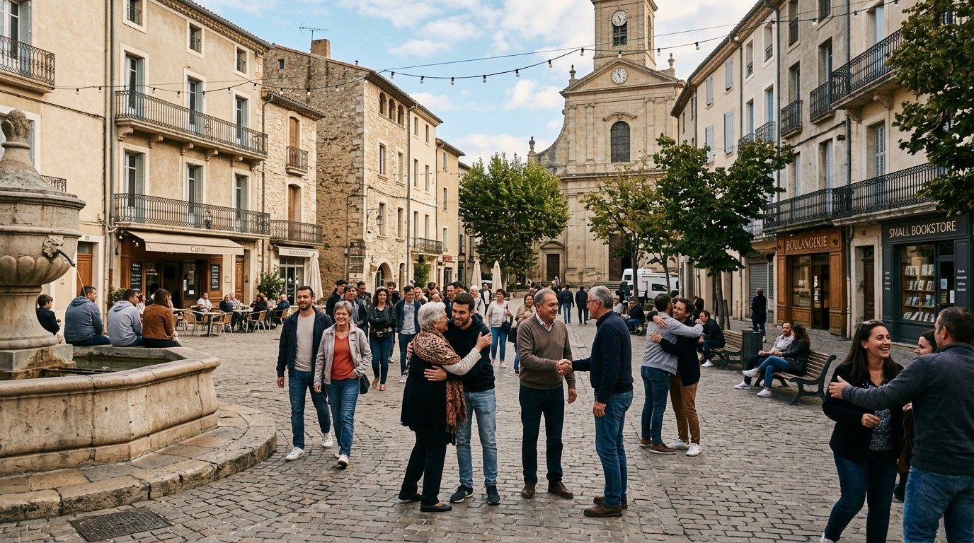 People greeting, hugging, and talking with each other in a European town square beside a fountain and church