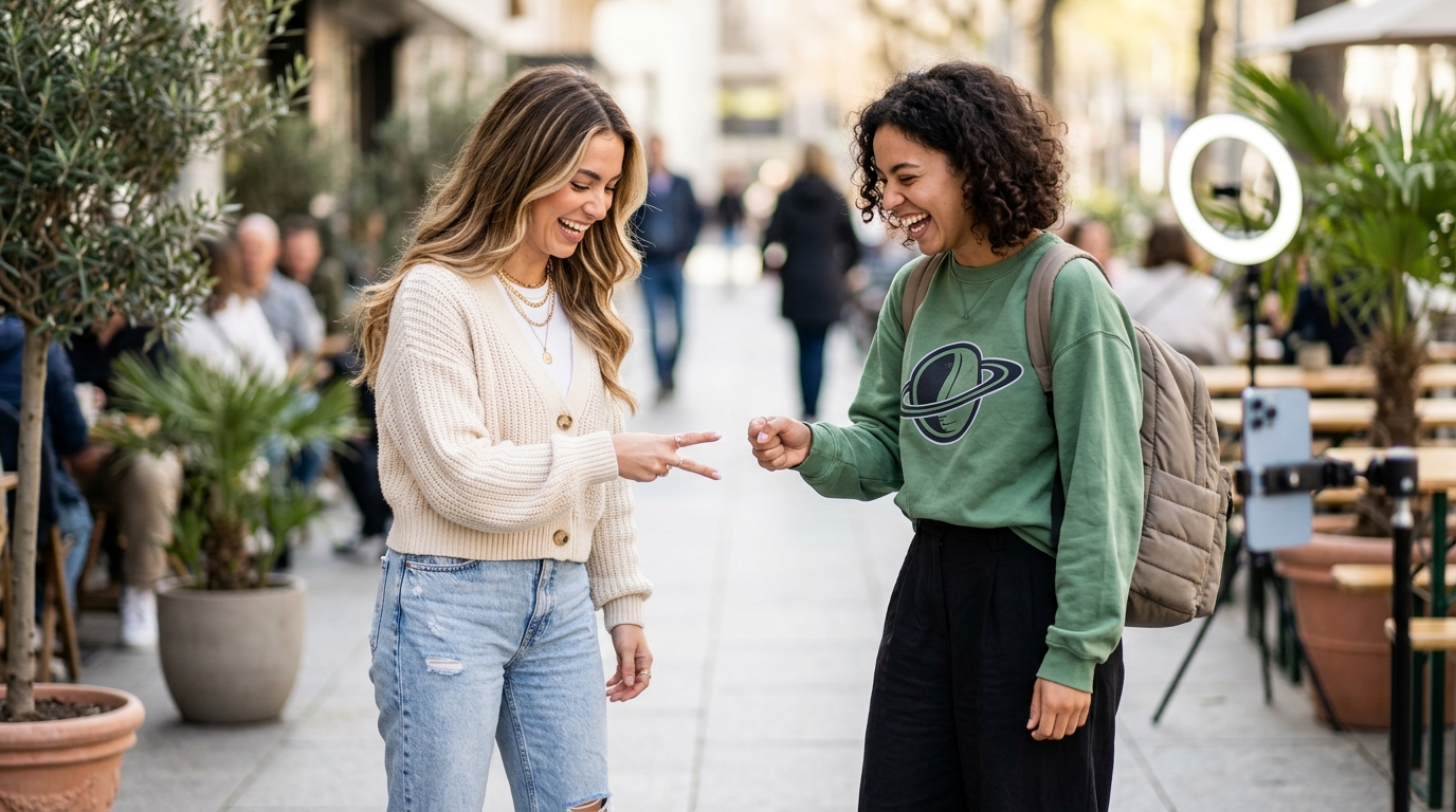 Two content creators laughing while playing rock paper scissors on a city sidewalk, phone on a tripod with a ring light