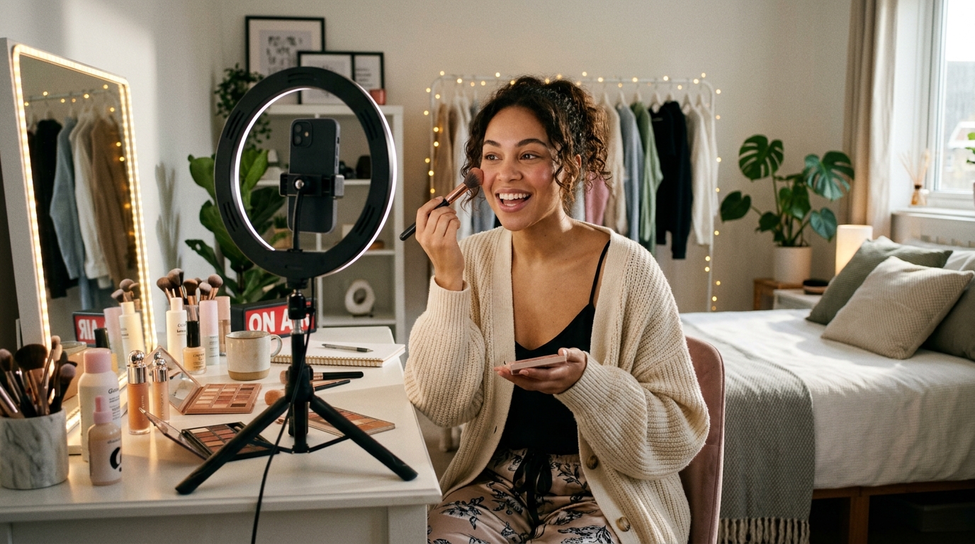 A beauty creator applying makeup with a brush while filming a get ready with me video on a phone and ring light in her bedroom