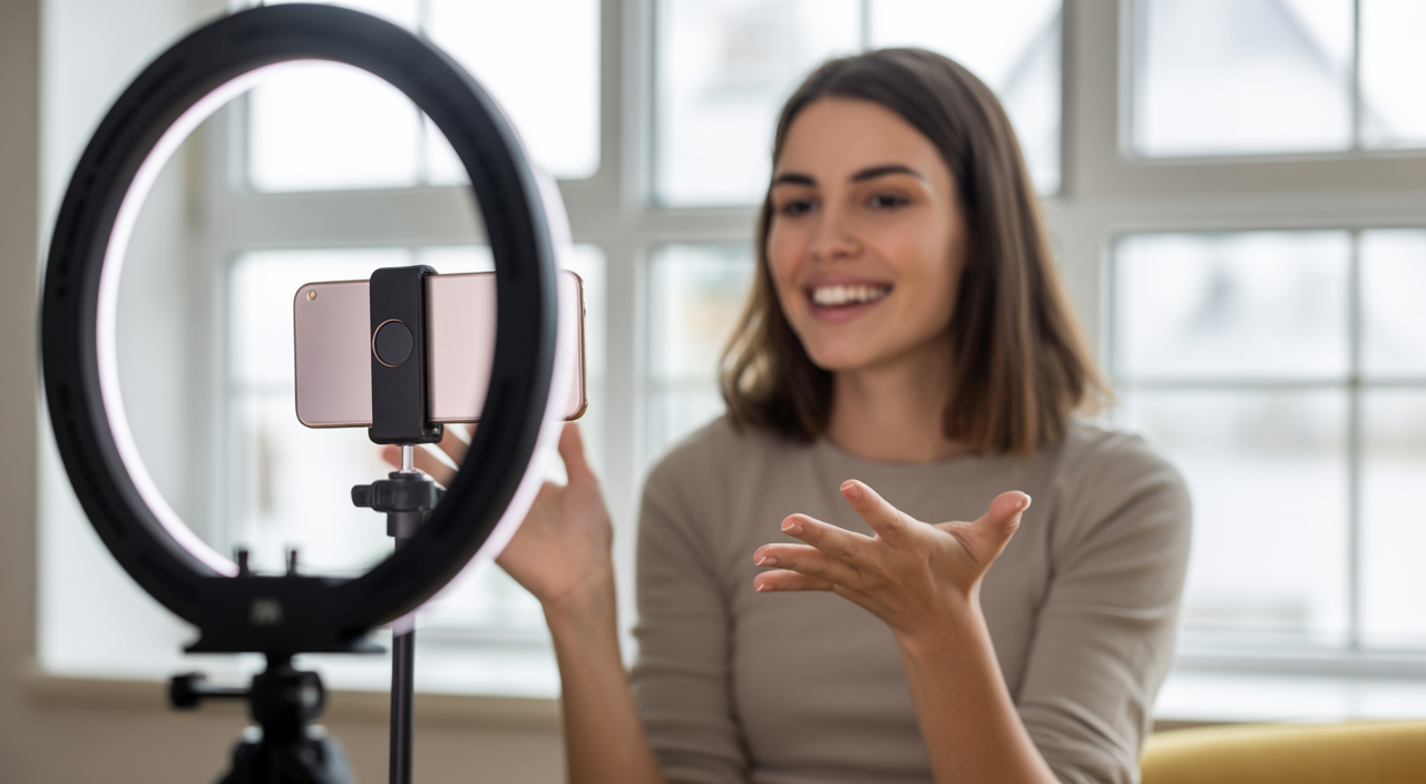 A content creator filming a video with a ring light in a bright apartment
