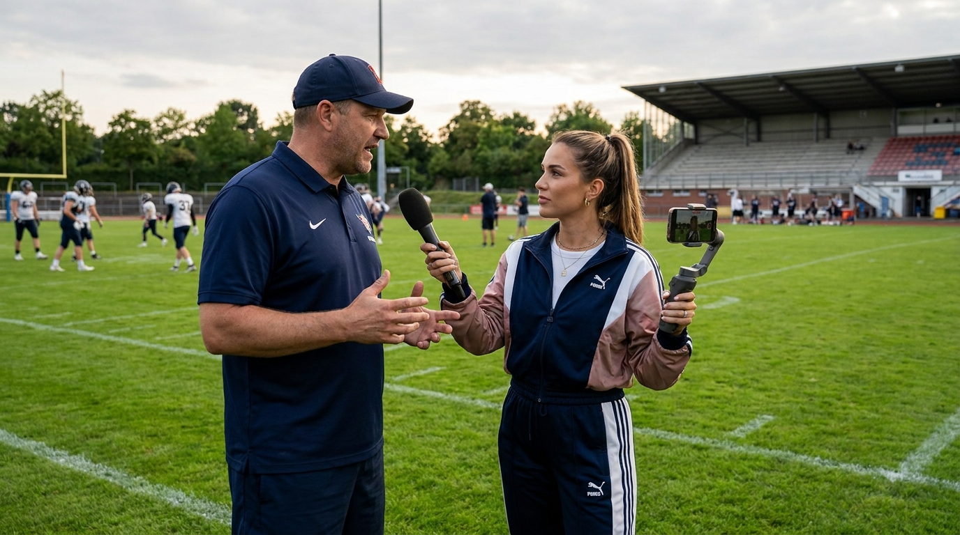 Female content creator holding a microphone and smartphone gimbal interviewing a football coach on a training field during a team practice session