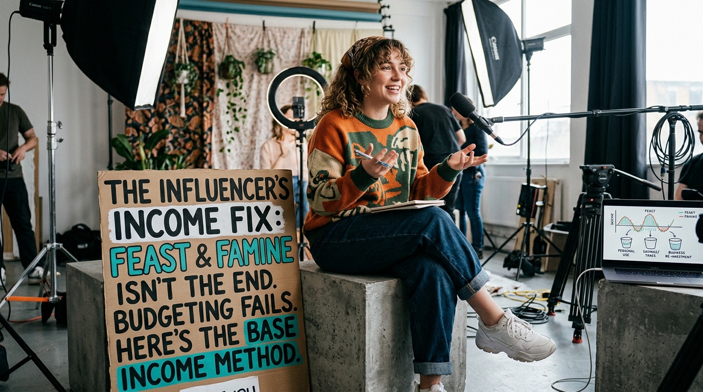 Creator on a studio set beside a sign reading The Influencer's Income Fix, with a feast and famine income chart nearby