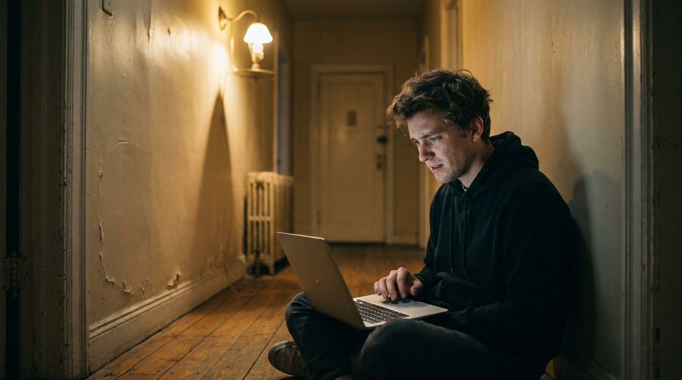 Creator hesitating before posting to Reddit, laptop open in a dim hallway at night