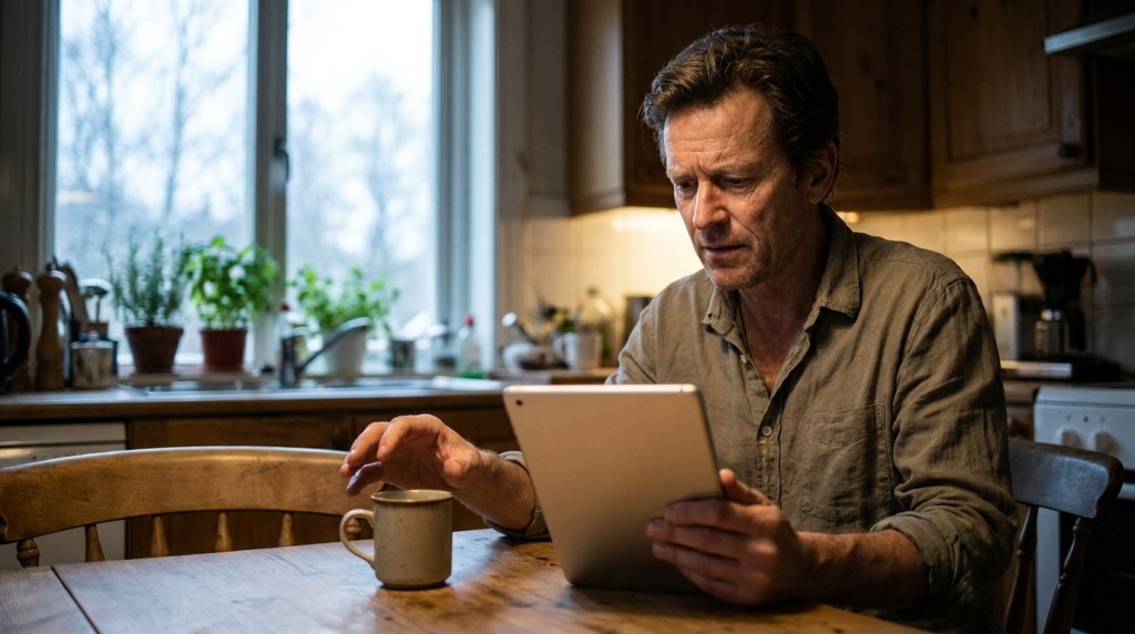 Man reading an answer on a tablet at a kitchen table, pausing with a puzzled expression