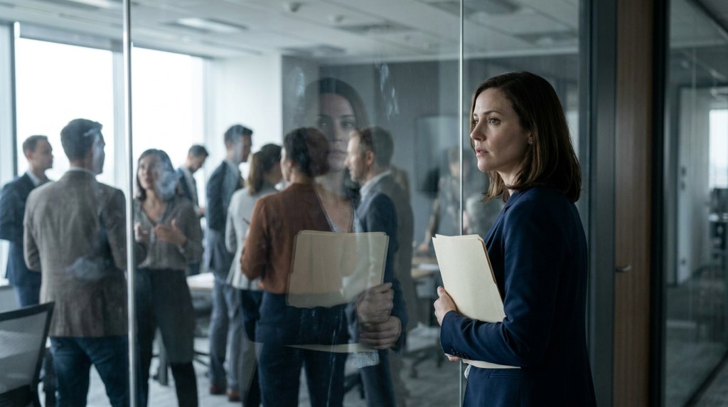 Marketer looking through glass at a room of people in conversation she cannot join