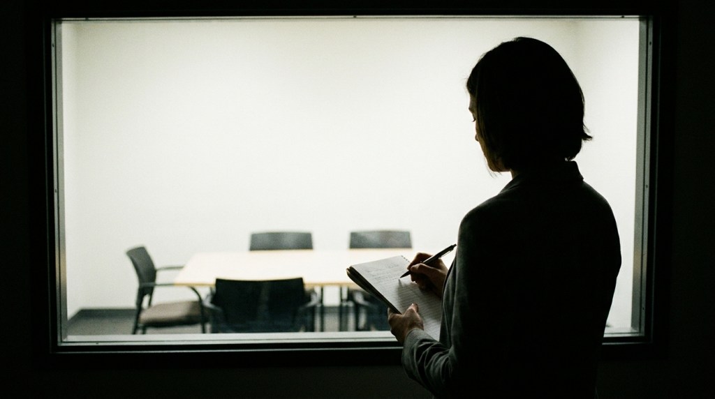 Researcher observing an empty focus group room from behind a one-way mirror