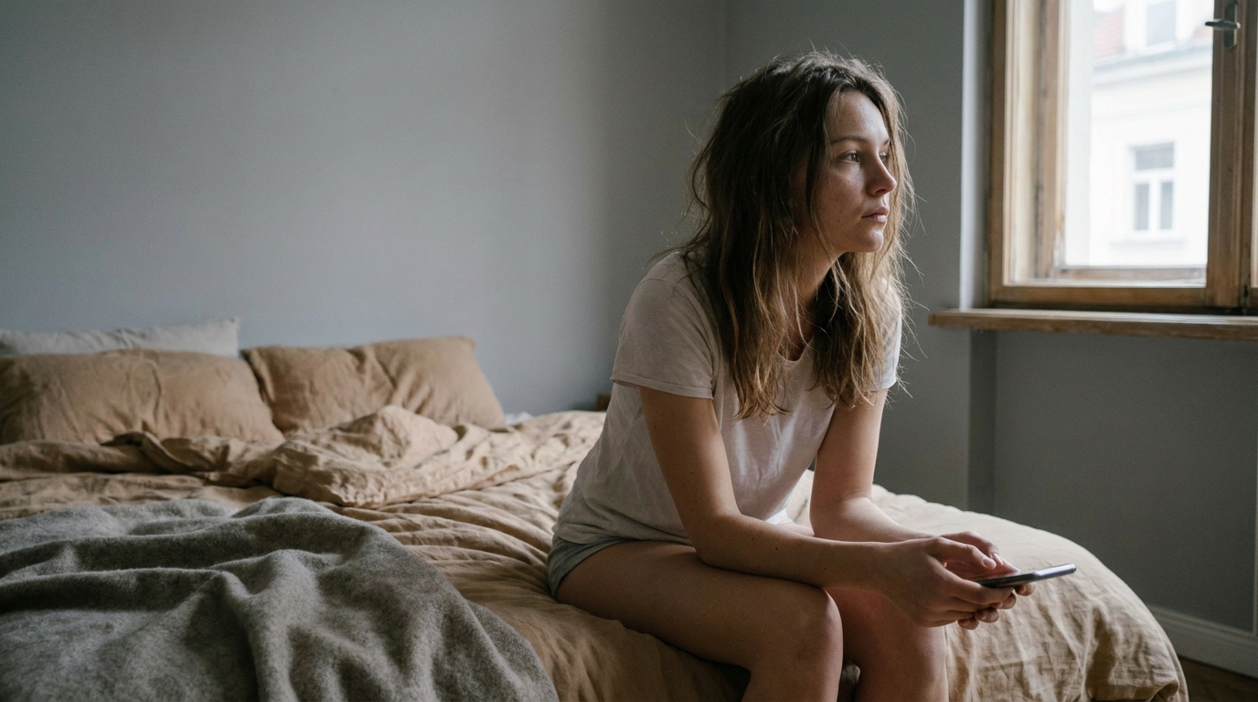Creator sitting on the edge of a bed holding her phone, looking away toward the window