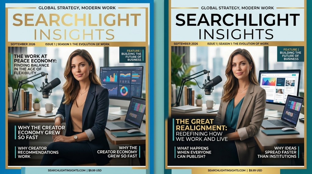 Magazine-style series cover for The Great Realignment, featuring Why the Creator Economy Grew So Fast