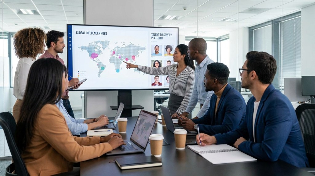Agency team reviewing a global influencer hubs map and talent discovery platform on a boardroom screen