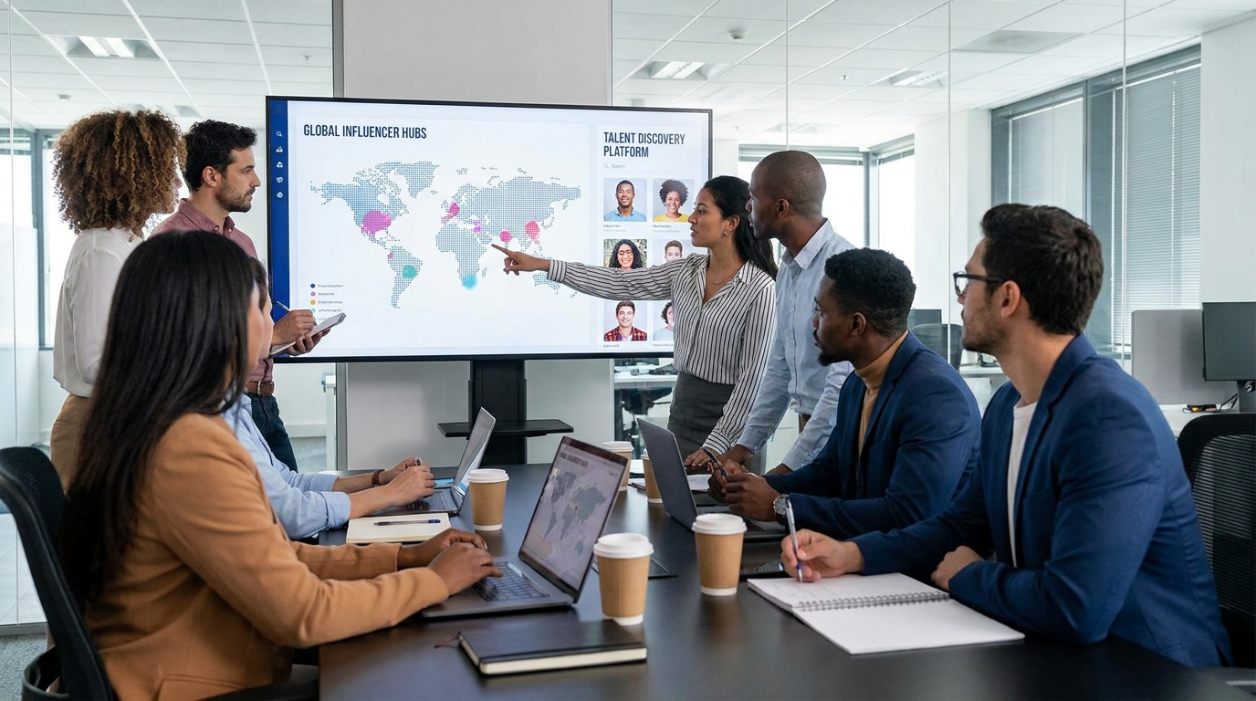 Agency team reviewing a global influencer hubs map and talent discovery platform on a boardroom screen