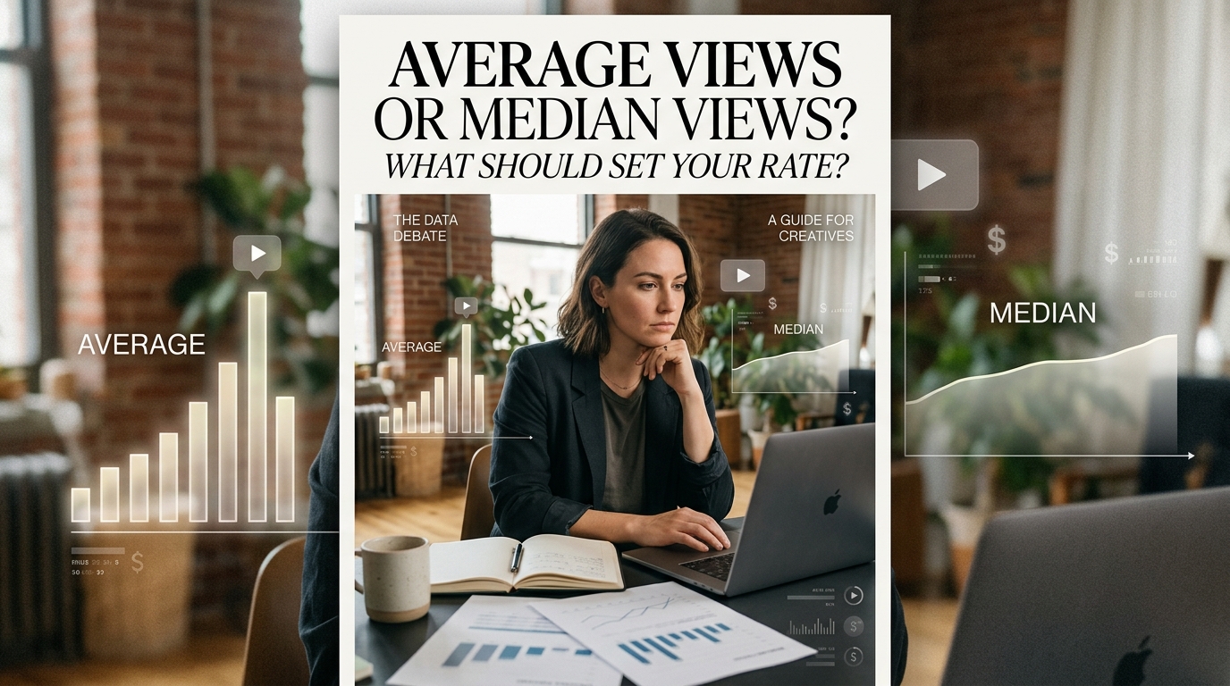 Creator at a laptop between two charts labelled Average and Median, headed Average Views or Median Views