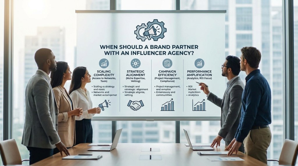 Team viewing a boardroom presentation headed When Should a Brand Partner With an Influencer Agency