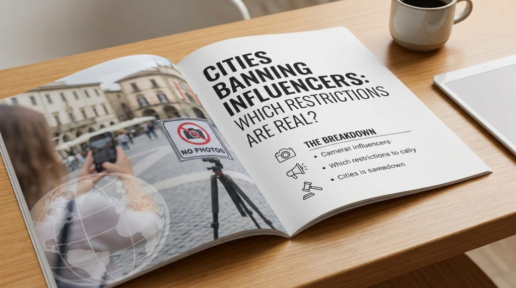 Magazine spread titled Cities Banning Influencers beside a photo of a No Photos sign in a European square