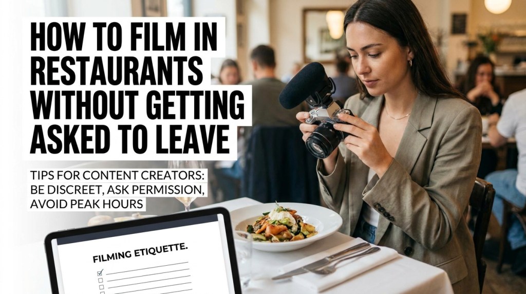 Creator filming a plated dish with a shotgun mic camera in a busy restaurant, titled How to Film in Restaurants