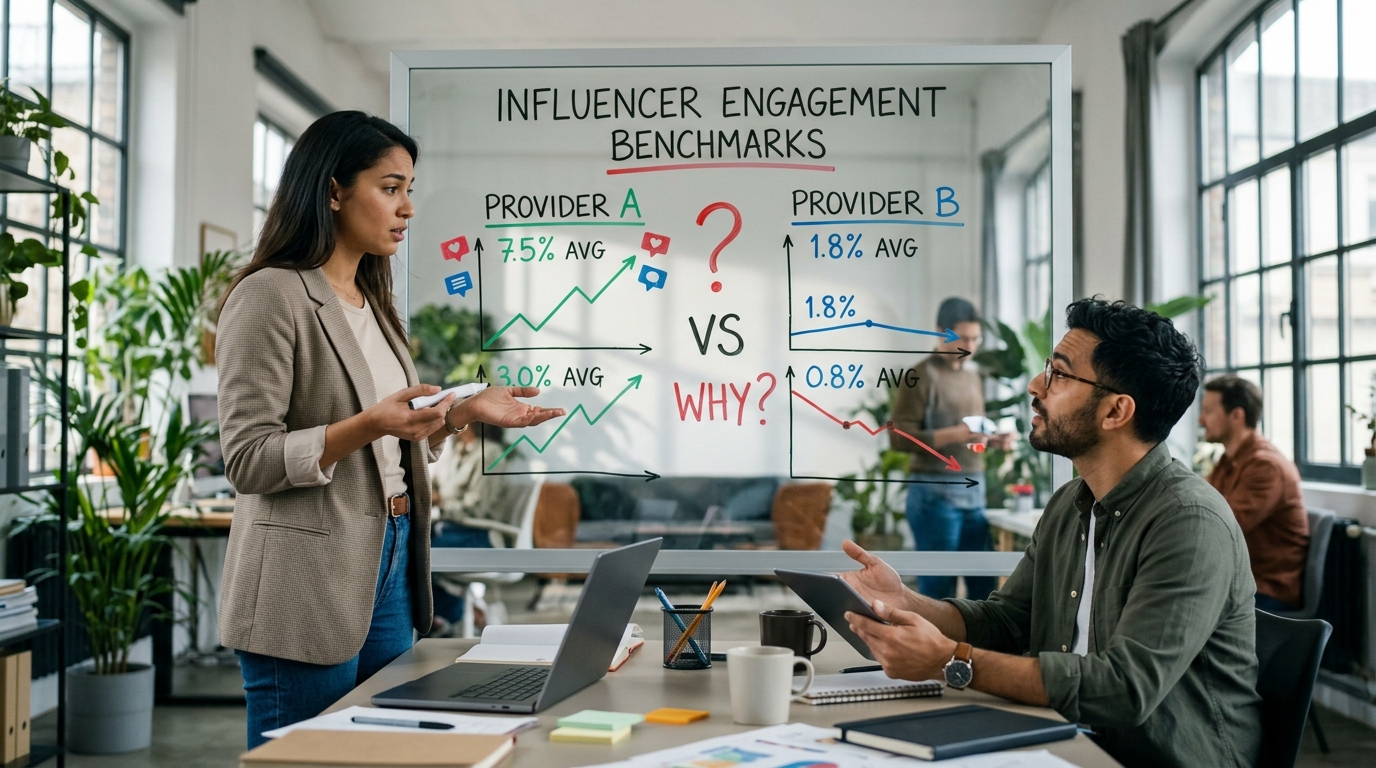 Two people debating a whiteboard comparing Provider A at 7.5 percent against Provider B at 1.8 percent engagement